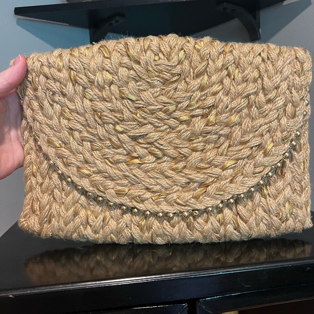 Jute and Metallic Thread Woven Clutch with Flap Closure